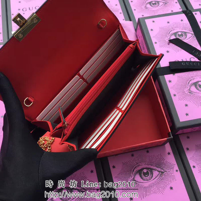 GUCCI古馳 歐洲正品原單 padlock系列 最新二折款 爆款鏈條皮夾 453506 藍花紅皮 WTG1190